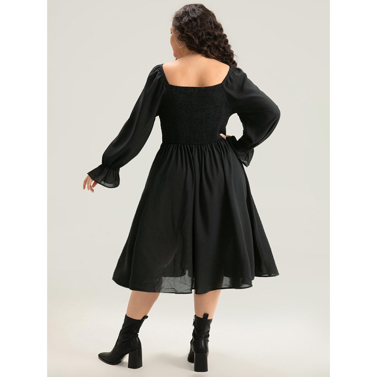 Plus Size Halloween Gingham Patchwork Ruched Ties Dress Scarlet Women Casual Cross straps Square Neck Long Sleeve Curvy Midi Dress BloomChic 12/L Product Image