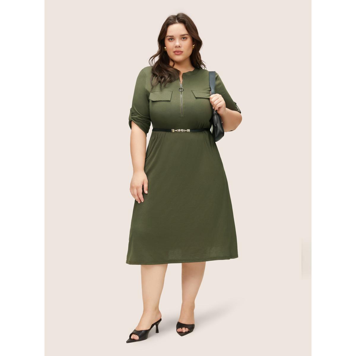 Plus Size Plain Half Zip Flap Detail Tab Sleeve Dress ArmyGreen Women At the Office Non Notched collar Elbow-length sleeve Curvy Midi Dress BloomChic 14-16/1X Product Image