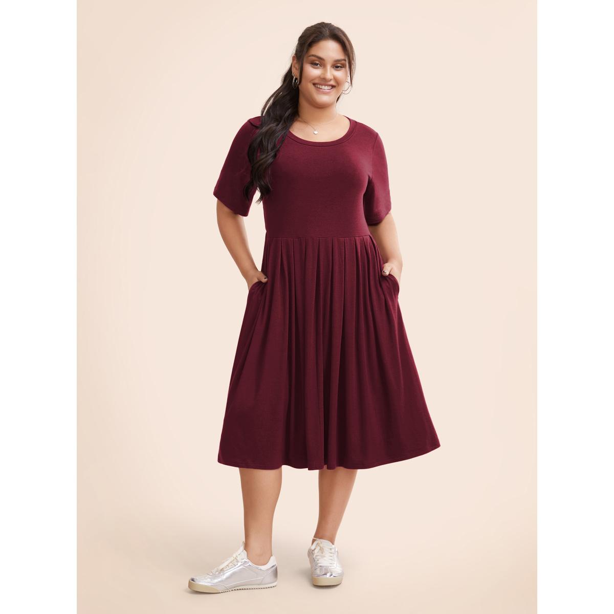 Plus Size Supersoft Essentials Solid Pleated Round Neck Midi Dress Burgundy Women Casual Plain Round Neck Short sleeve Curvy Midi Dress BloomChic 30/6X Product Image