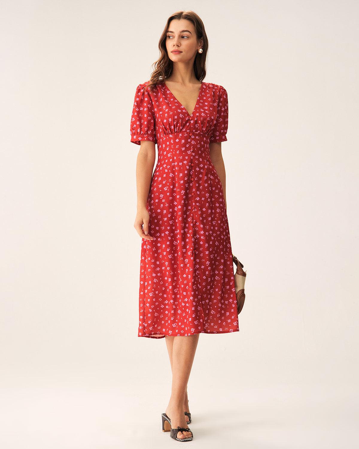 Red Polka Dot Ruched Midi Dress Product Image