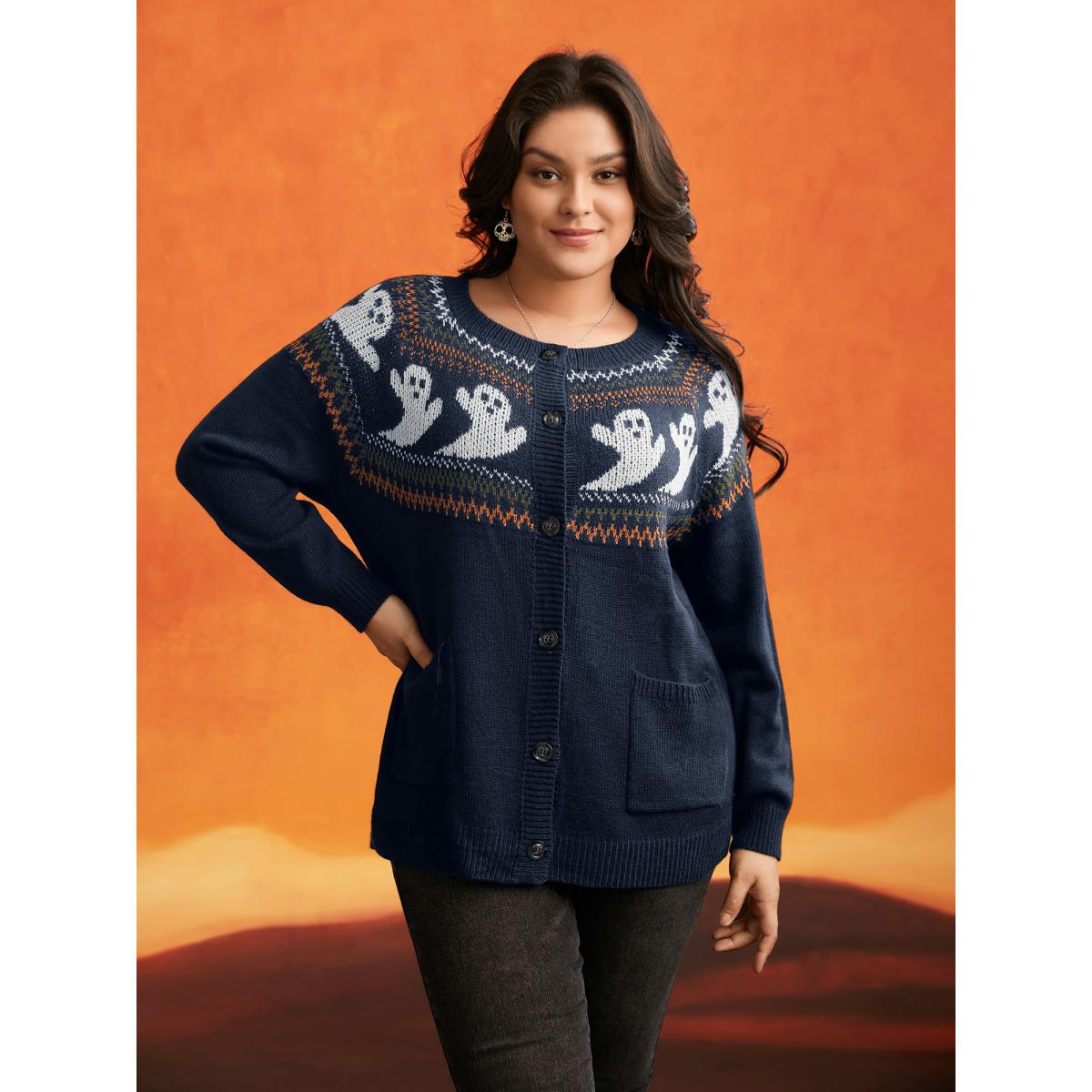 Plus Size Ghostly Fair Isle Button-Up Cardigan Indigo Women Casual Long Sleeve Everyday Cardigans BloomChic 30/6X Product Image
