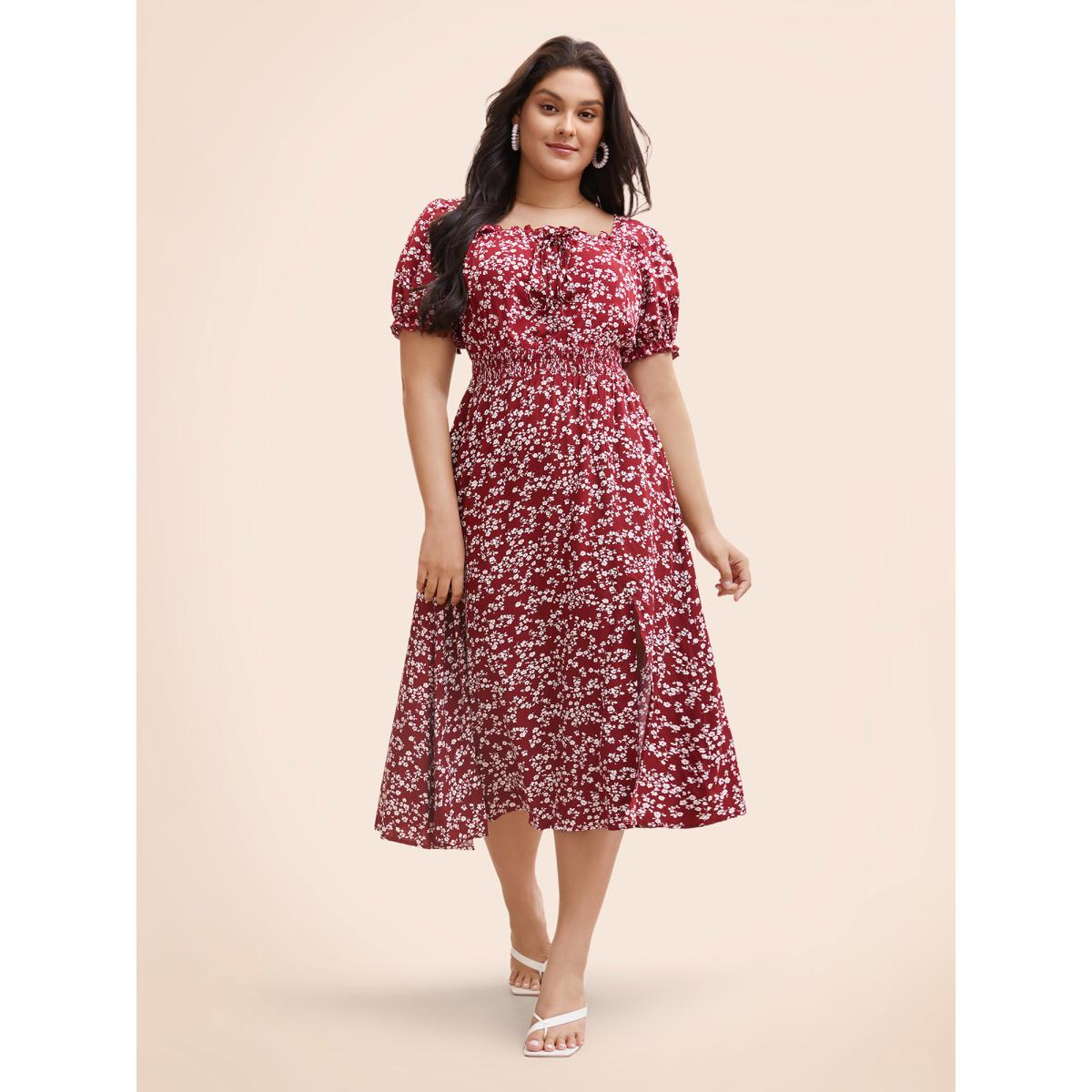 Plus Size Ditsy Floral Split Hem Puff Sleeve Dress Crimson Women Elegant Tie knot Square Neck Short sleeve Curvy BloomChic 26/4X Product Image