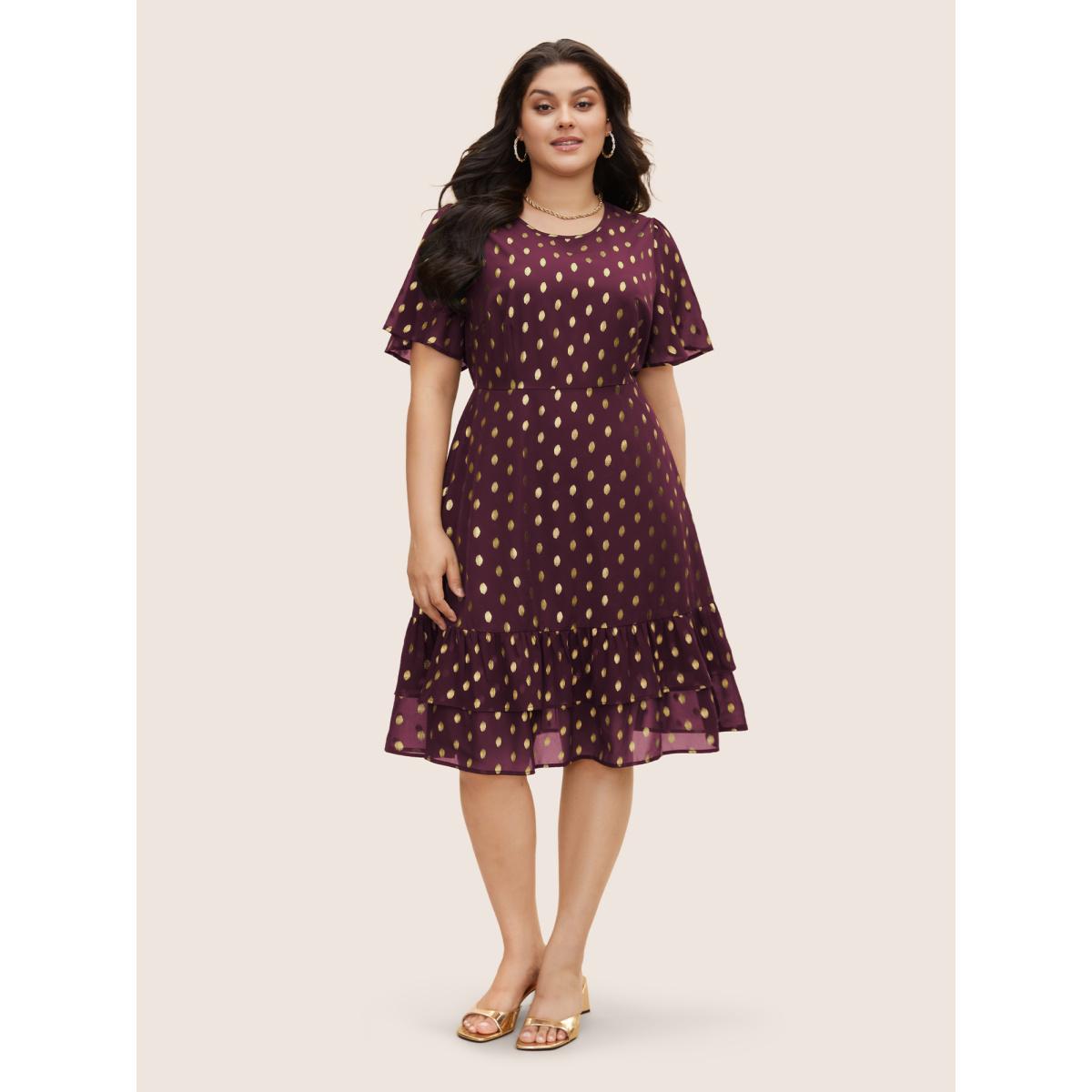 Plus Size Glitter Polka Dot Patchwork Ruffles Dress Burgundy Women Cocktail See through Round Neck Short sleeve Curvy BloomChic 22-24/3X Product Image