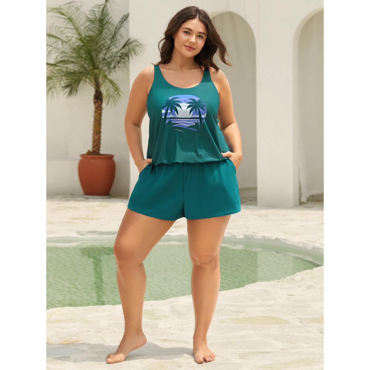 Plus Size Island Pattern Pockets One-Piece Swimsuit Women's Swimwear Cyan Resort Curve Bathing Suits High stretch One Pieces BloomChic 14-16/1X Product Image