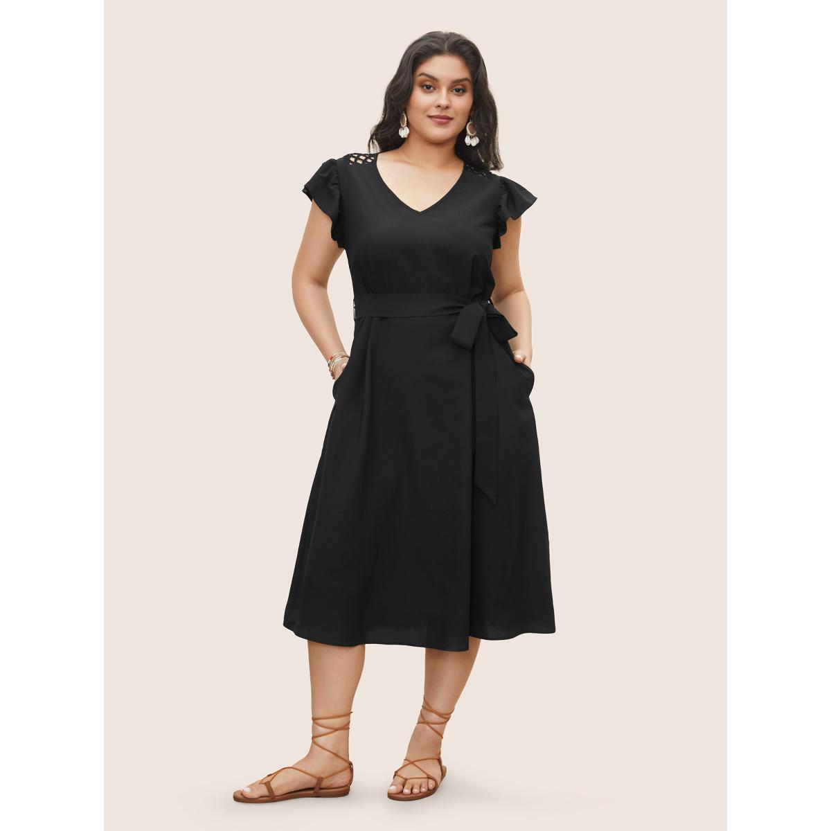 Plus Size Solid Cut Out Ruffle Cap Sleeve Dress Black Women Resort Woven ribbon&lace trim V-neck Cap Sleeve Curvy Midi Dress BloomChic 22-24/3X Product Image