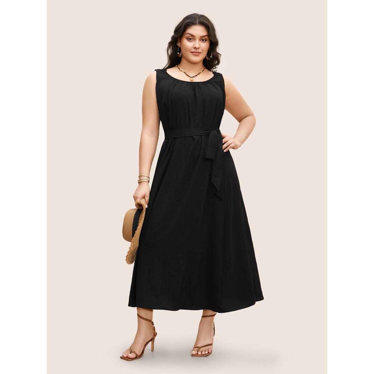 Plus Size Solid Crocheted Backless Sleeveless Midi Dress Black Women Resort Woven ribbon&lace trim Round Neck Sleeveless Curvy BloomChic 30/6X Product Image