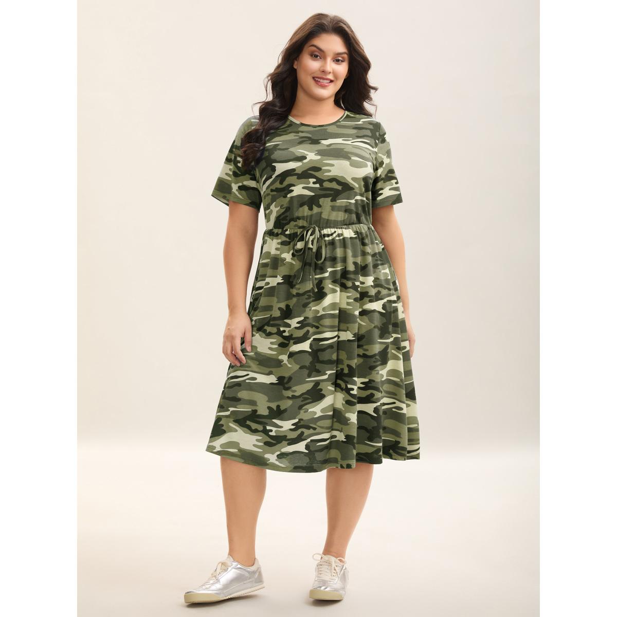Plus Size Camouflage Print Round Neck Pockets Midi Dress Greenbean Women Casual Tie knot Knit Dresses Bloomchic 14-16/1X Product Image
