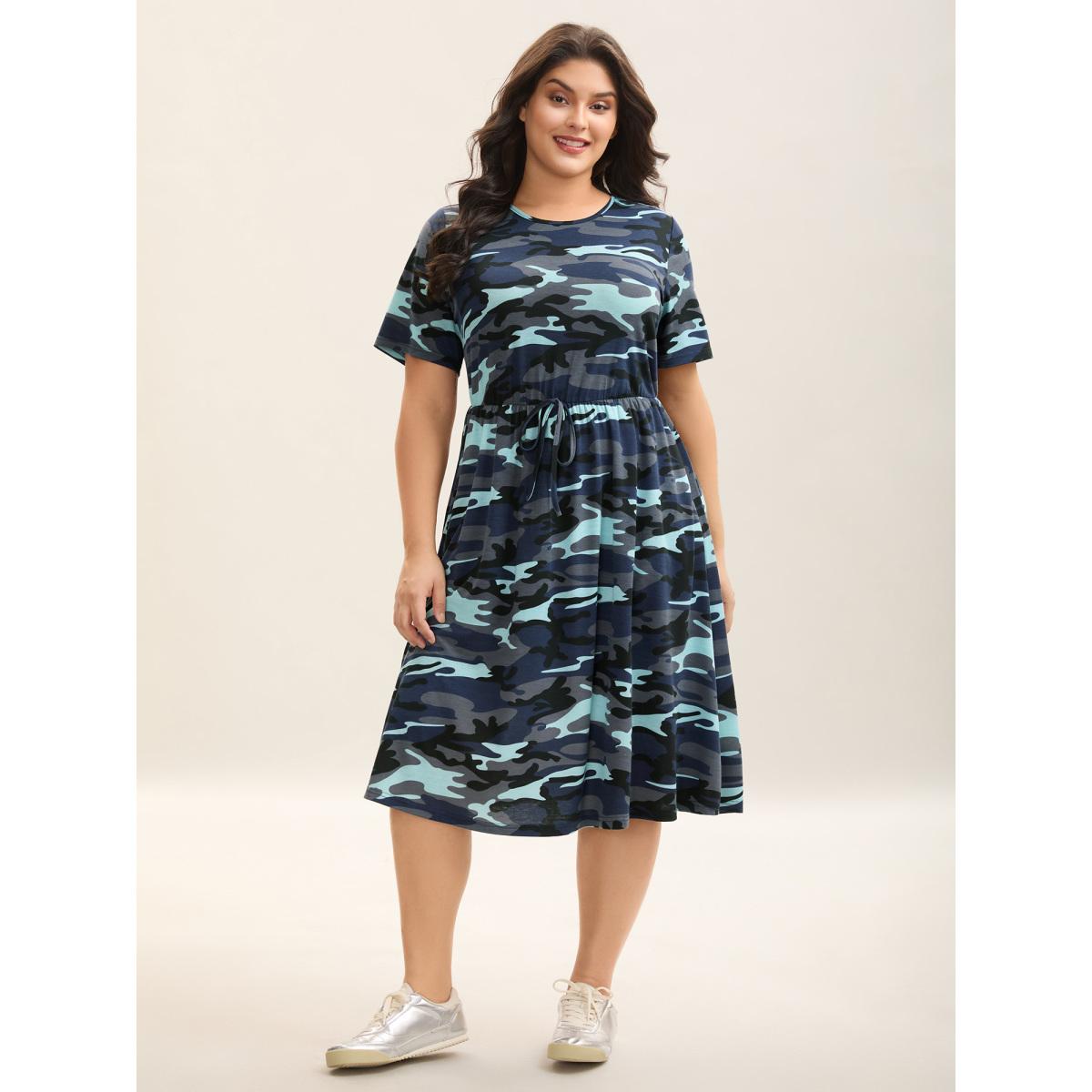 Plus Size Camouflage Print Round Neck Pockets Midi Dress Navy Women Leisure Tie knot Knit Dresses Bloomchic 22-24/3X Product Image