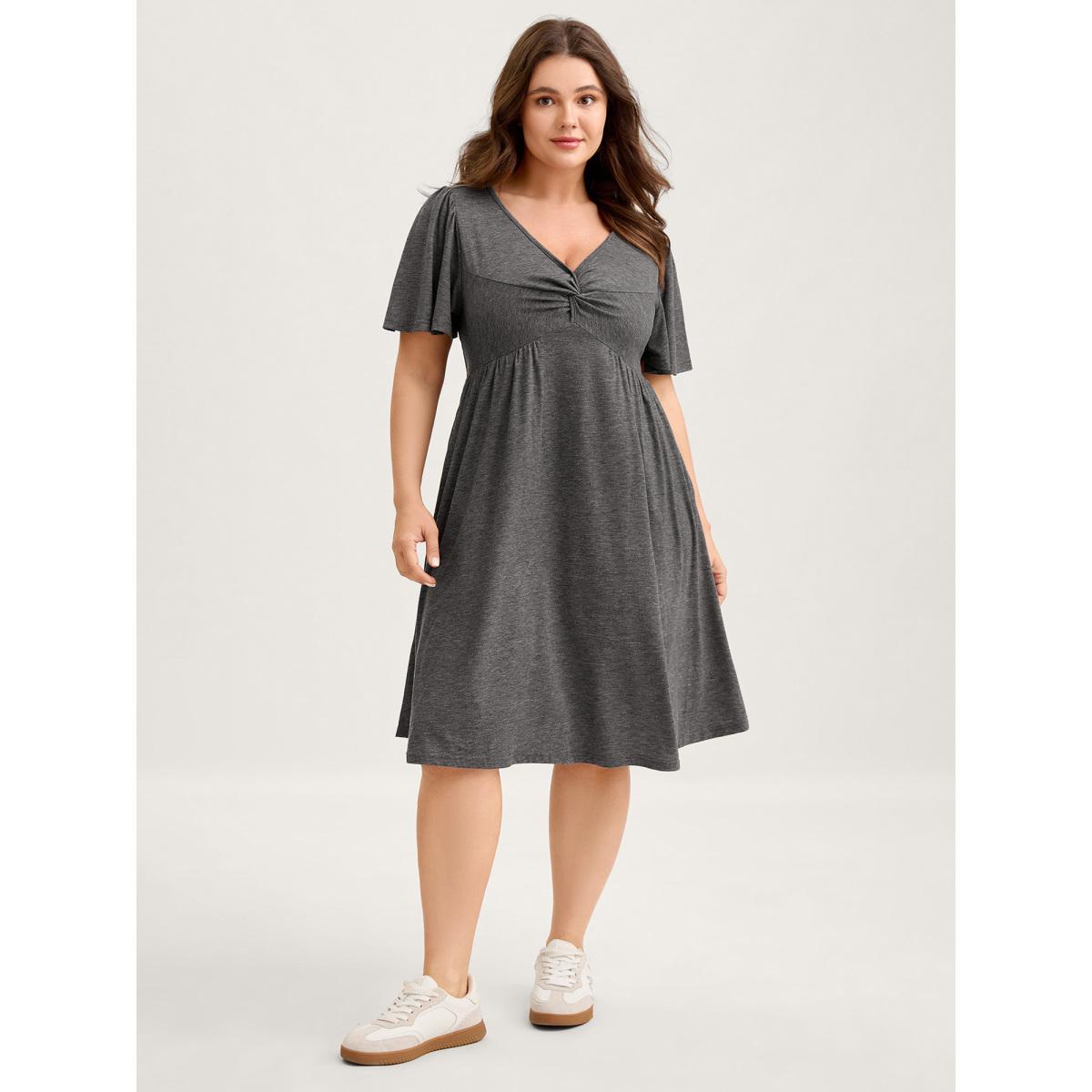 Plus Size Supersoft Knotted Bodice Flared Sleeve Midi Dress DimGray Women Leisure Twist V-neck Short sleeve Curvy BloomChic 14-16/1X Product Image