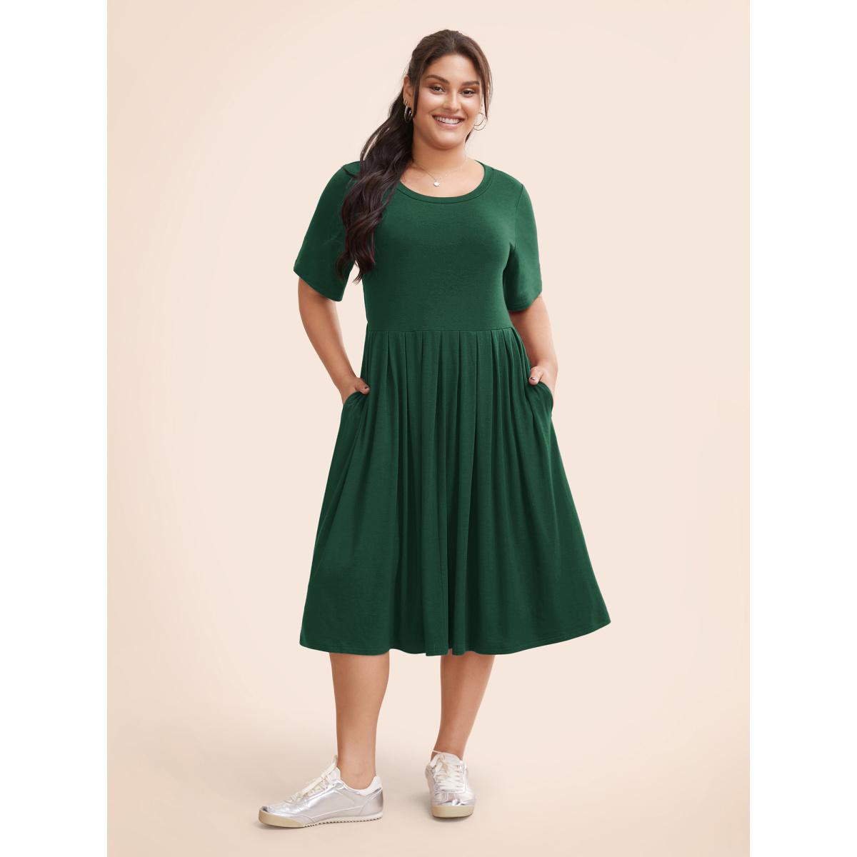 Plus Size Supersoft Essentials Solid Pleated Round Neck Midi Dress Burgundy Women Casual Plain Round Neck Short sleeve Curvy Midi Dress BloomChic 30/6X Product Image