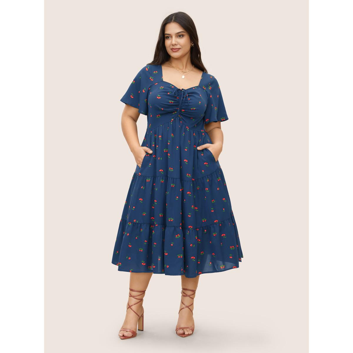 Plus Size Citrus Fruit Print Heart Neckline Drawstring Pleated Dress DarkBlue Women Elegant Pleated Heart neckline Short sleeve Curvy Midi Dress BloomChic 14-16/1X Product Image