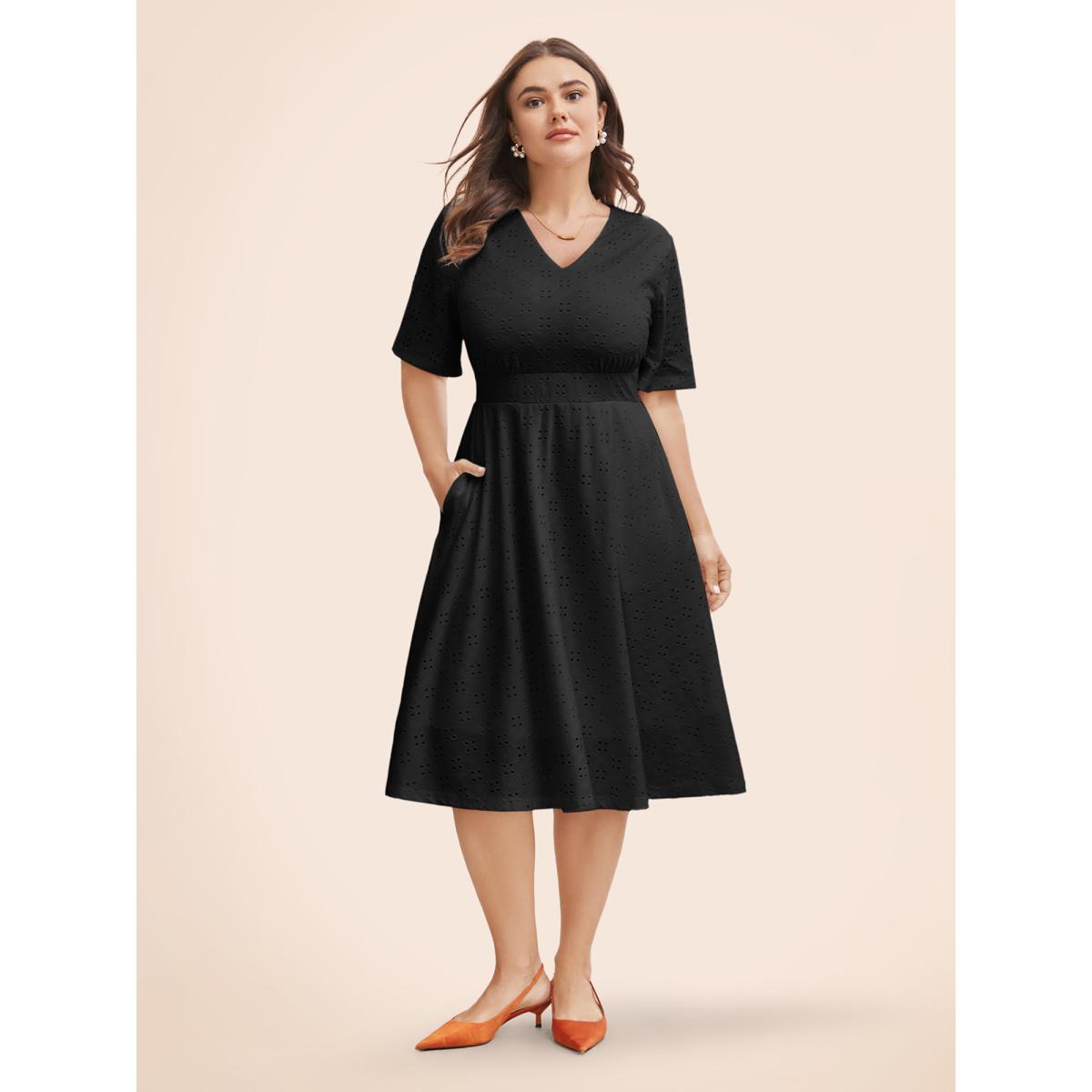 Plus Size Solid Pocket Laser Cut Surplice Neck Knee Dress Black Women Elegant Pocket V-neck Short sleeve Curvy Knee Dress BloomChic 12/L Product Image
