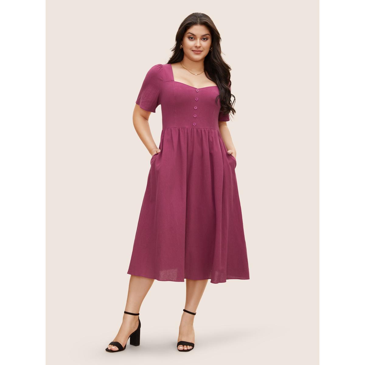 Plus Size Cotton Square Neckline Midi Dress RedViolet Women Elegant Texture Heart neckline Short sleeve Curvy BloomChic 28/5X Product Image