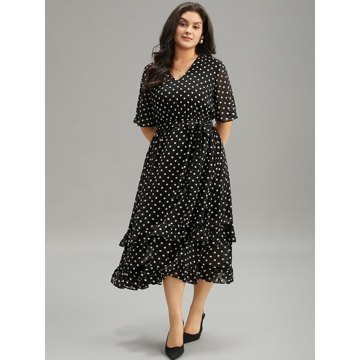 Plus Size Polka Dot Ruffles Pocket V Neck Mesh Belted Dress Black Women Elegant Lined V-neck Short sleeve Curvy Midi Dress BloomChic 12/L Product Image