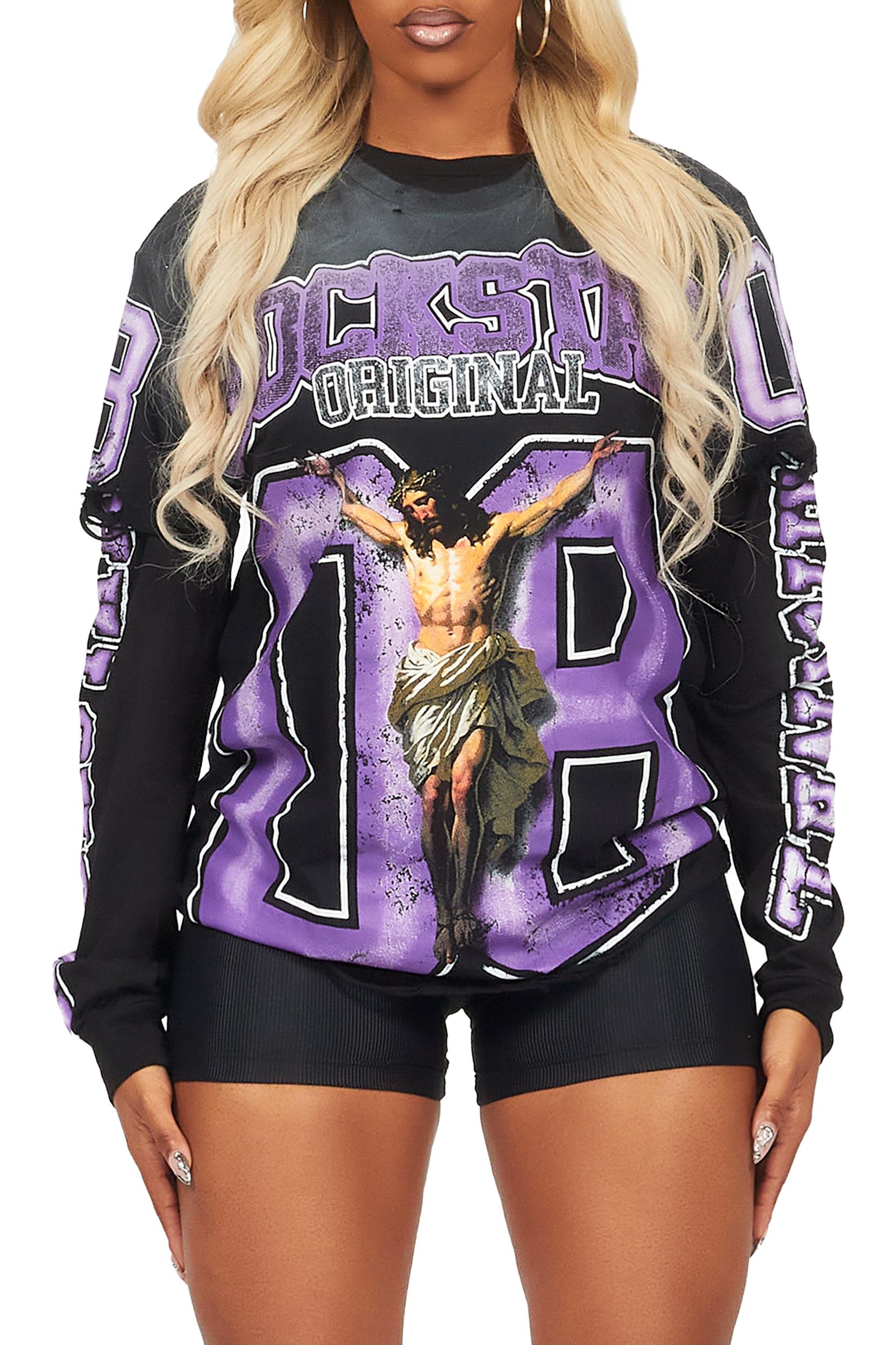 Tariqa Black/Purple Double Layer Graphic T-Shirt Female Product Image
