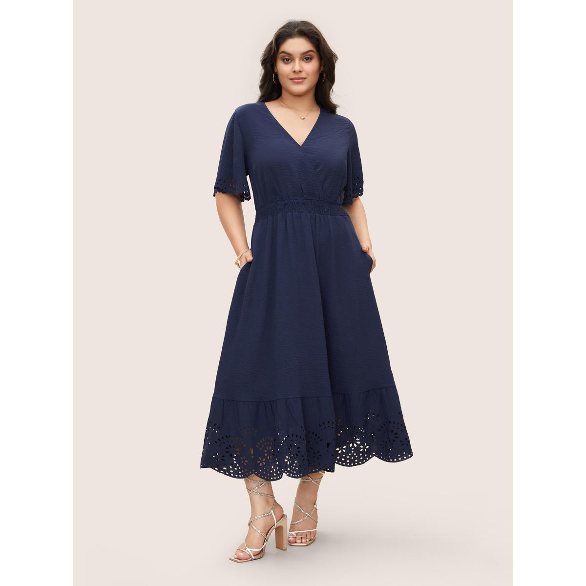 Plus Size Solid Laser Cut Shirred Pocket Wrap Scalloped Trim Flutter Dress Navy Women Timeless Non V-neck Short sleeve Curvy Midi Dress BloomChic 22-24/3X Product Image