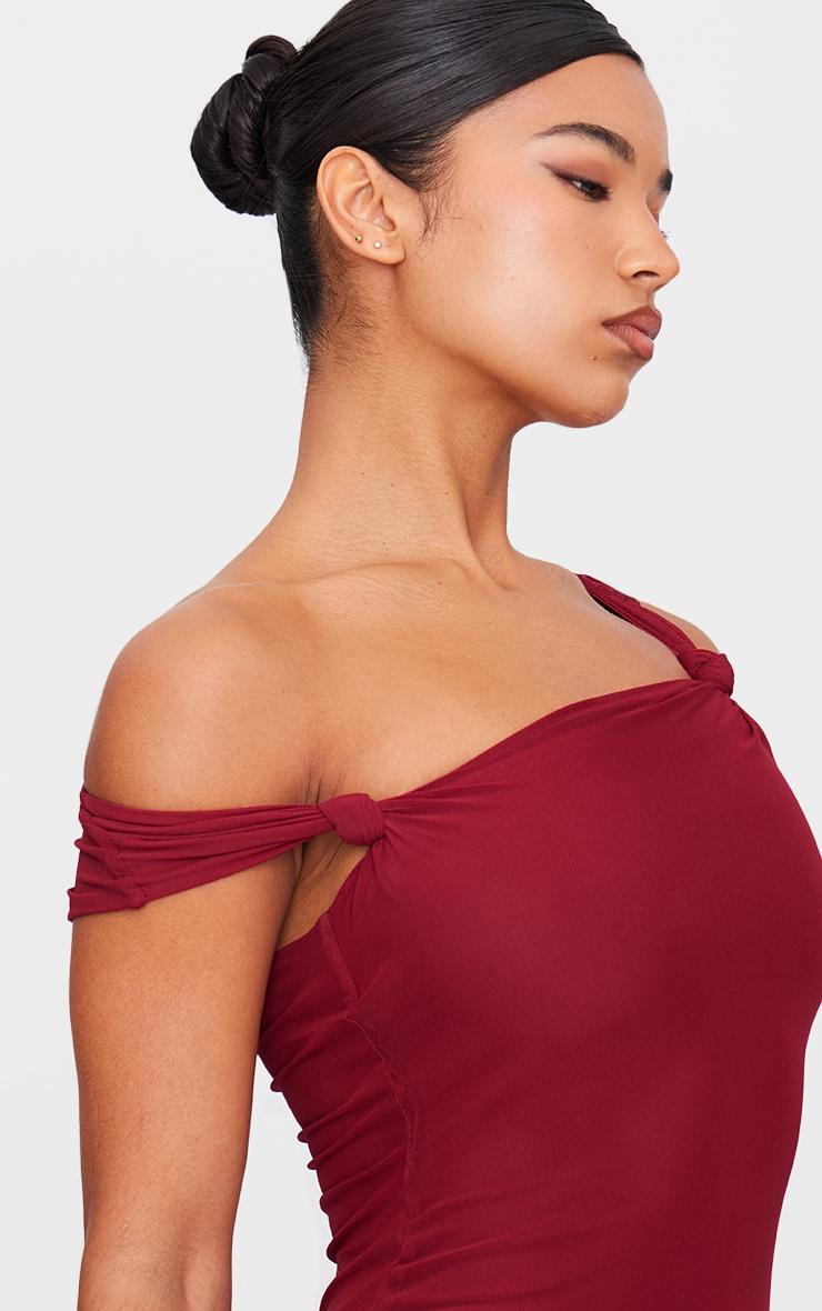 Burgundy Lined Mesh Asymmetrical Knotted Midaxi Dress Product Image
