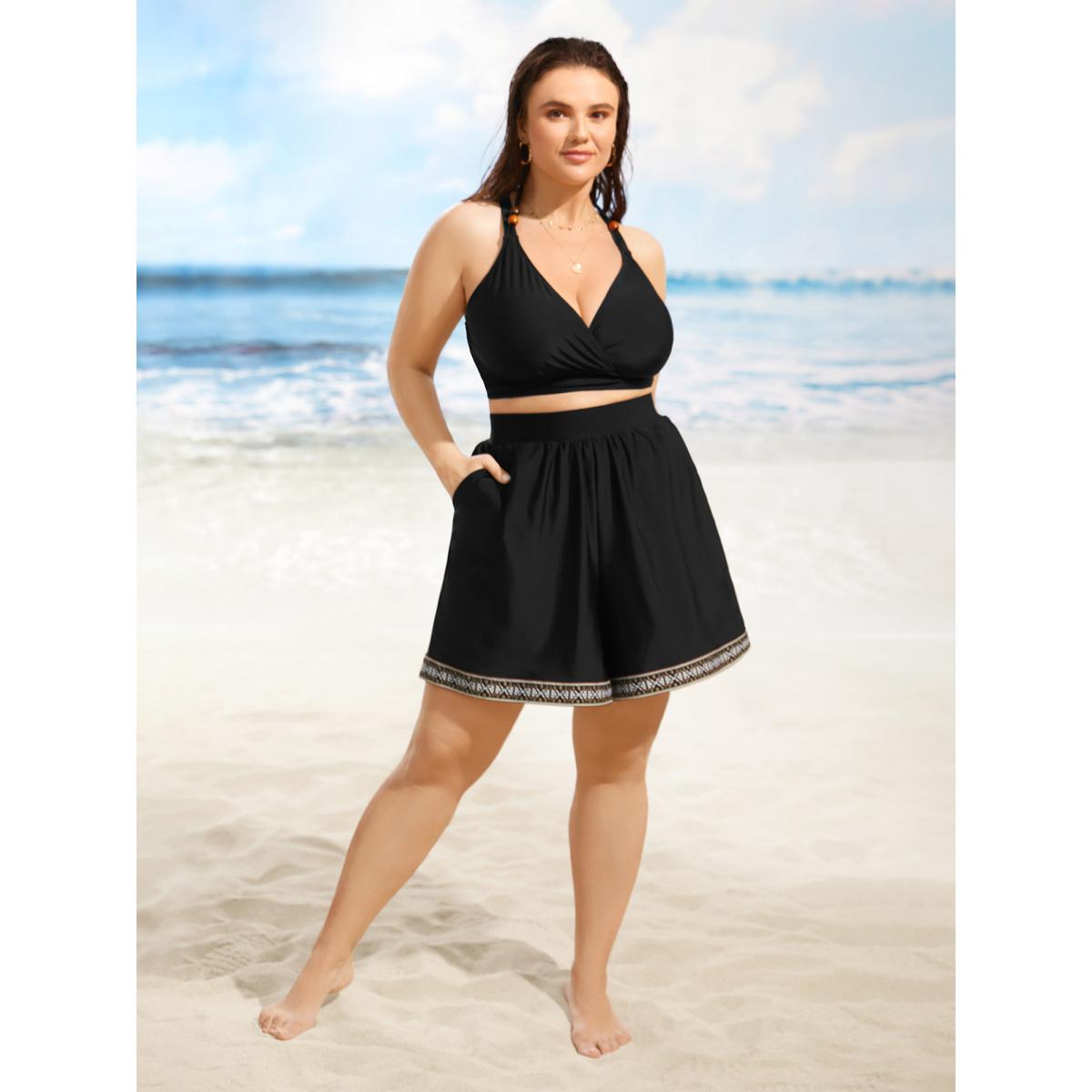 Plus Size Contrast Webbing Elastic Waist Pocket Swim Bottom Women's Swimwear Black Beach Woven ribbon&lace trim High stretch Bodycon High Rise Side seam pocket Curve Swim Bottoms BloomChic 14-16/1X Product Image
