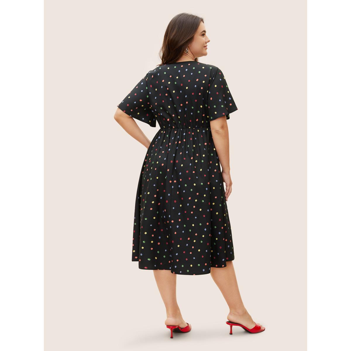 Plus Size Colored Polka Dot Overlap Collar Midi Dress Black Women Elegant Contrast Overlap Collar Short sleeve Curvy BloomChic 14-16/1X Product Image