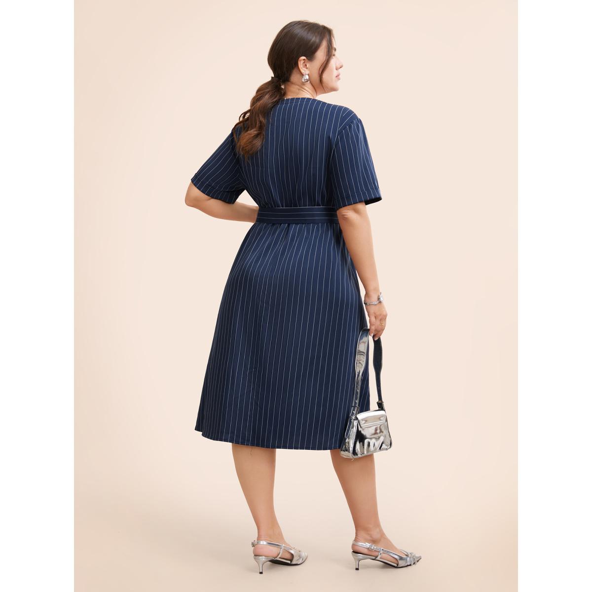 Plus Size Striped Notched Button Detail Belted Dress Navy Women At the Office Belted Flat collar with V-notch Short sleeve Curvy BloomChic 14-16/1X Product Image