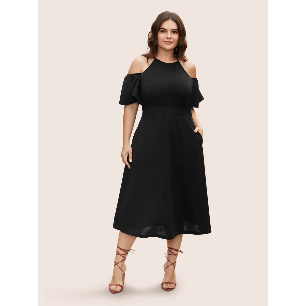 Plus Size Cold Shoulder Flutter Sleeve Midi Dress Black Women At the Office Gathered Round Neck Short sleeve Curvy BloomChic 30/6X Product Image