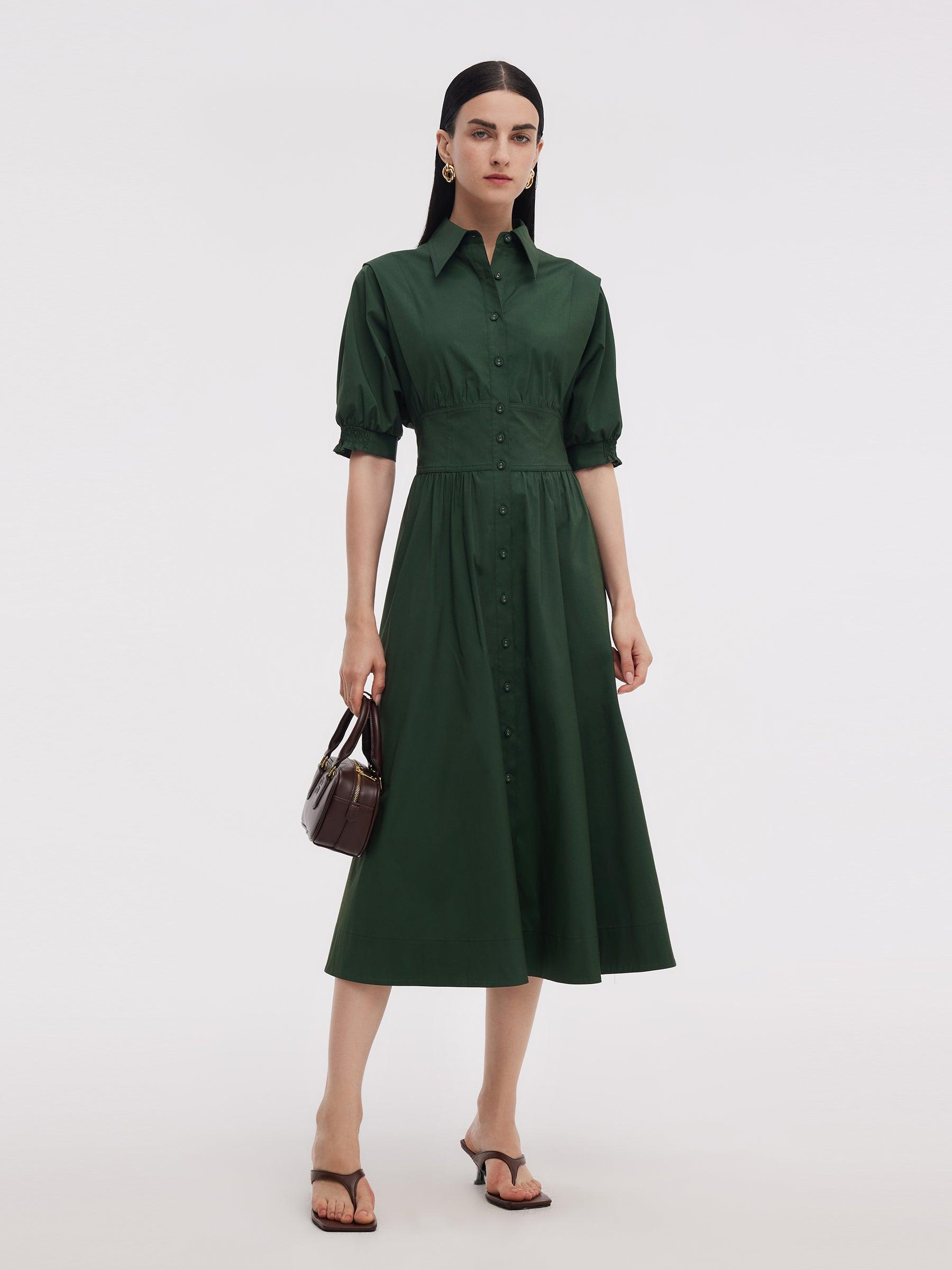 Dark Green Gathered Waist Women Maxi Shirt Dress Product Image