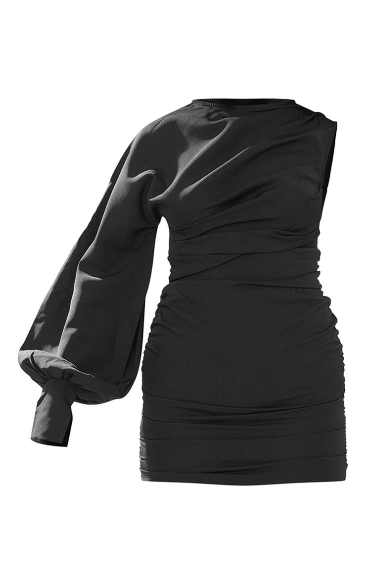 Black One Sleeve Ruched Woven Bodycon Dress Product Image