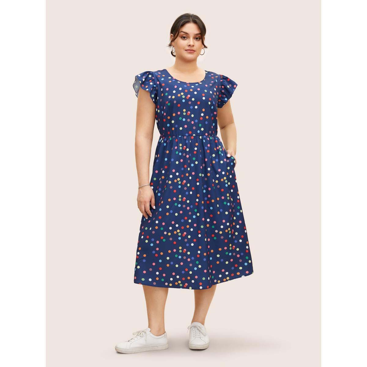 Plus Size Colored Polka Dot Tie Knot Ruffle Cap Sleeve Dress DarkBlue Women Casual Tie knot Round Neck Cap Sleeve Curvy BloomChic 12/L Product Image