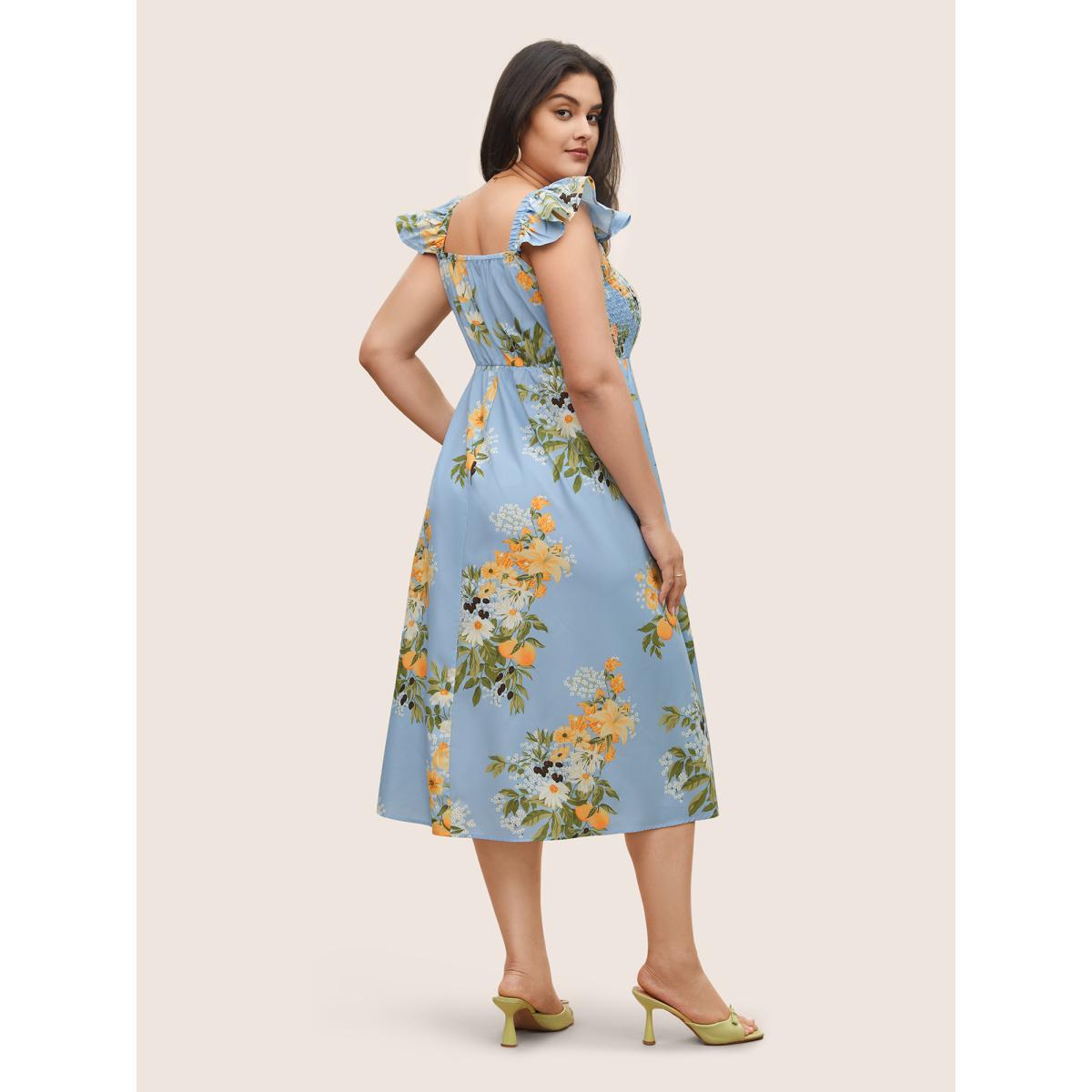 Plus Size Citrus Oranges Print Shirred Ruffle Trim Split Hem Dress Stone Women Elegant Non Square Neck Sleeveless Curvy Midi Dress BloomChic 22-24/3X Product Image