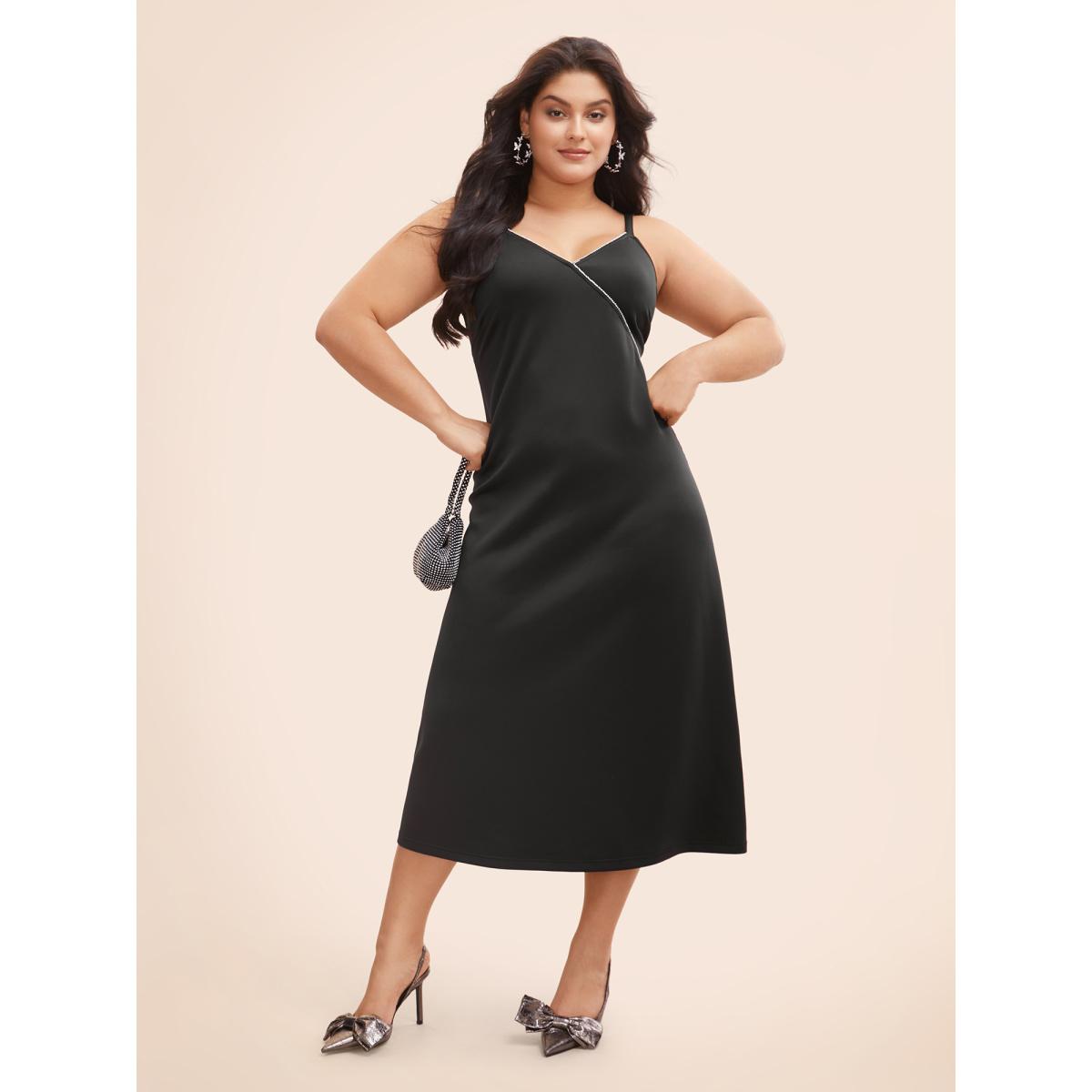 Plus Size Rhinestone Detail Overlap Collar Cami Dress Black Women Cocktail Rhinestone detailing Overlap Collar Sleeveless Curvy BloomChic 22-24/3X Product Image
