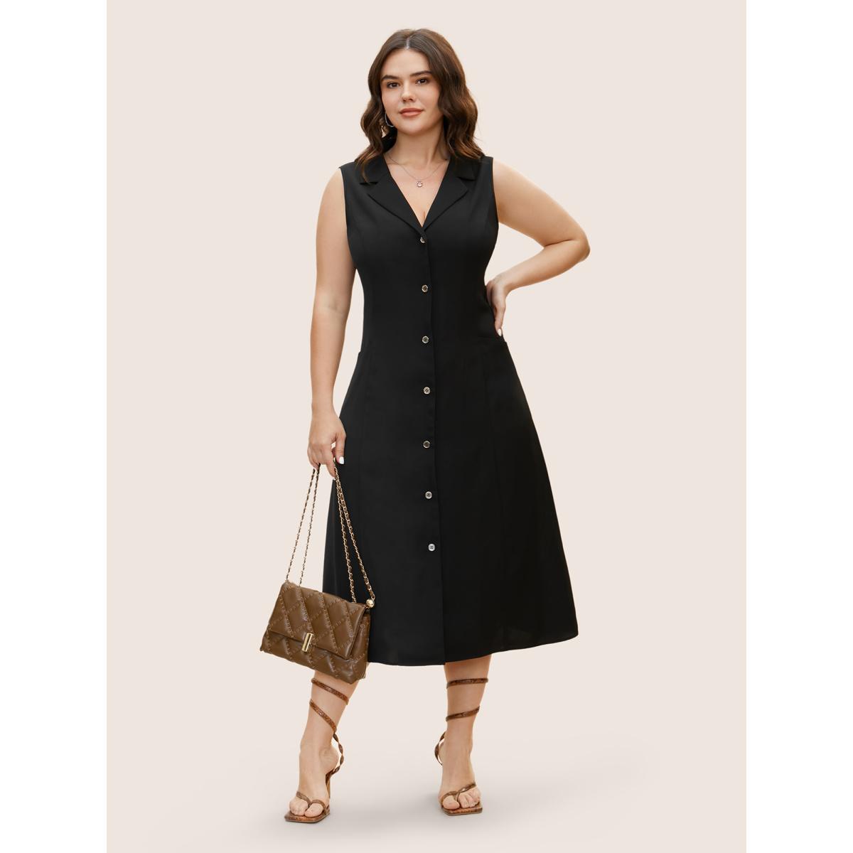 Plus Size Suit Collar Button Through Sleeveless Midi Dress Black Women Workwear Essentials Button Suit Collar Sleeveless Curvy BloomChic 28/5X Product Image