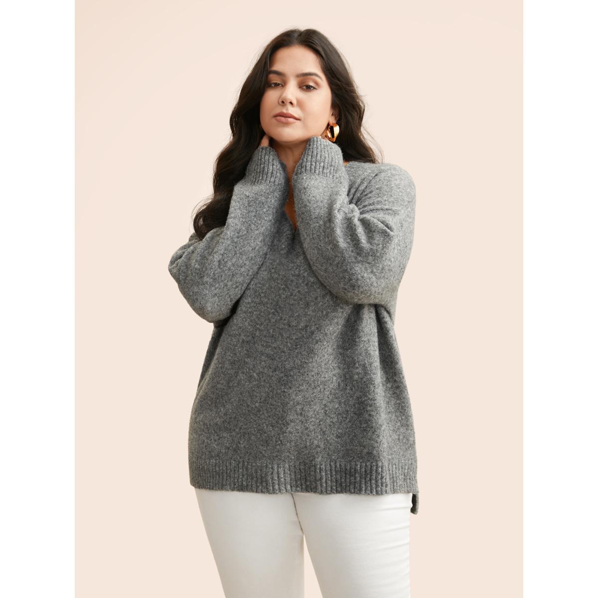 Plus Size Airy Cozy V Neck Drop Shoulder Pullover DimGray Women Casual Long Sleeve V-neck Everyday Pullovers BloomChic 12/L Product Image