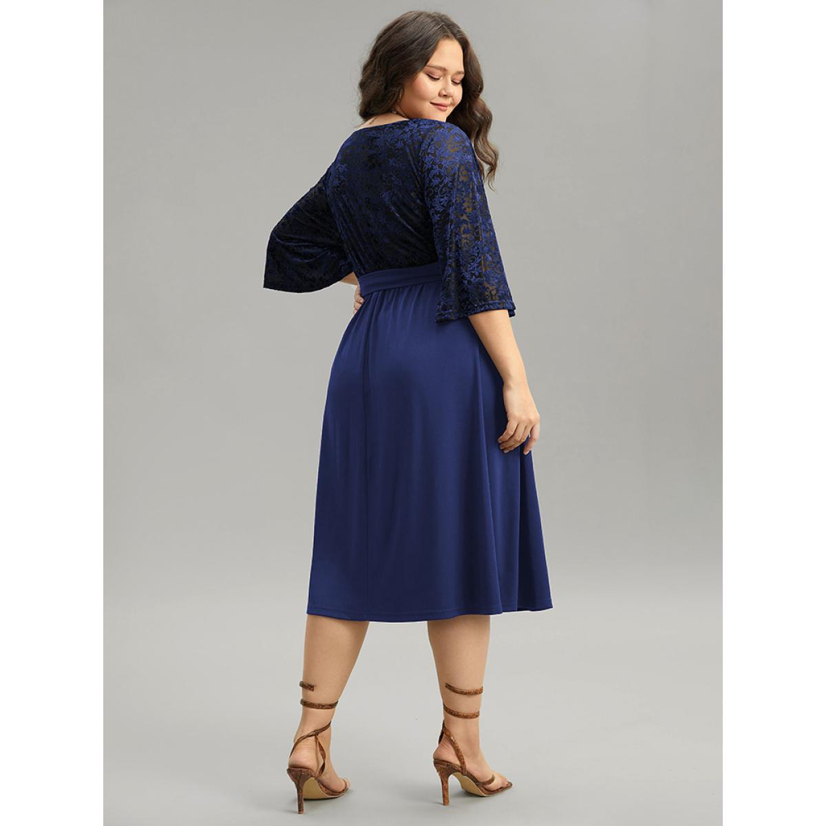 Plus Size Silhouette Floral Print Belted Patchwork Velvet Dress DarkBlue Women Vacation Wrap Overlap Collar Elbow-length sleeve Curvy Midi Dress BloomChic 14-16/1X Product Image