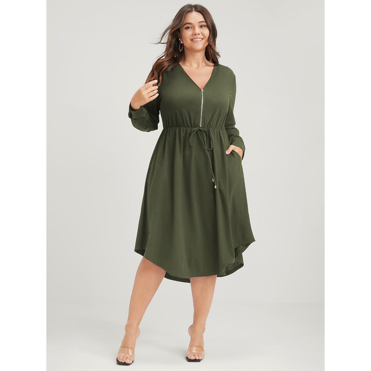 Plus Size Solid Zipper Pocket Flutter Drawstring Asymmetrical Hem Dress ArmyGreen Women Office Zipper V-neck Long Sleeve Curvy Midi Dress BloomChic 12/L Product Image