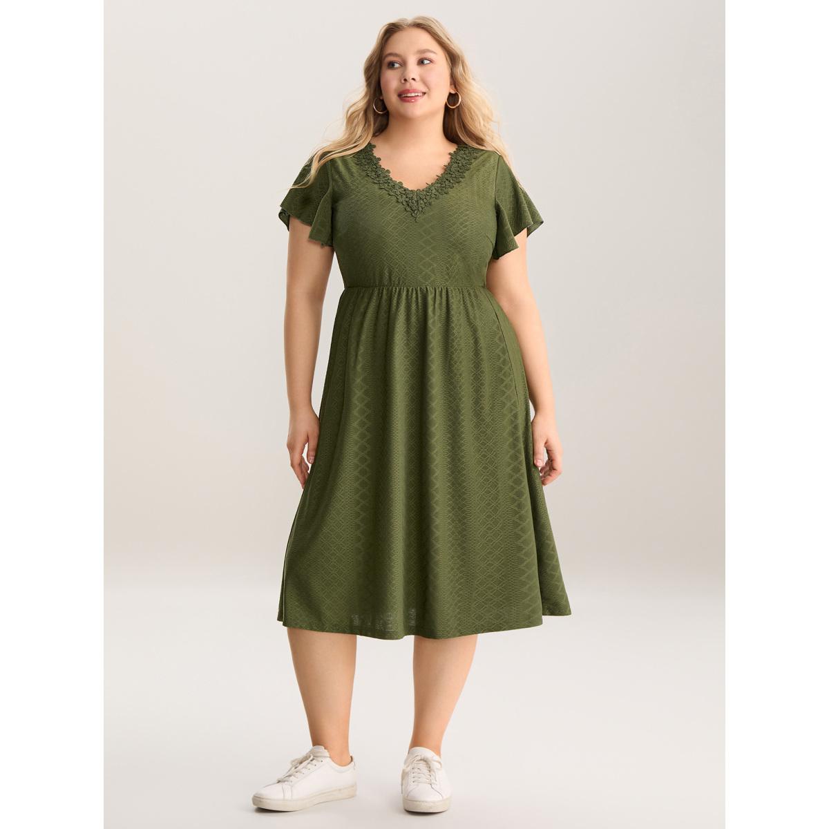 Plus Size Textured Lace V-Neck Knit Midi Dress ArmyGreen Women V-neck Short sleeve Curvy BloomChic 18-20/2X Product Image