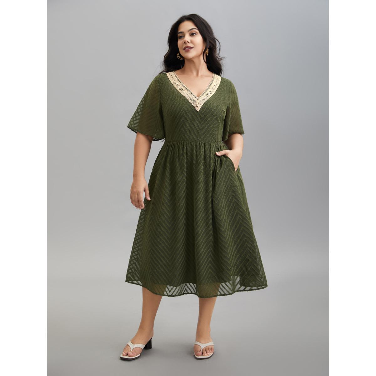 Plus Size Lace V-Neck Chiffon Waist-Cinched Midi Dress ArmyGreen Women Resort Woven ribbon&lace trim V-neck Half Sleeve Curvy BloomChic 10/M Product Image