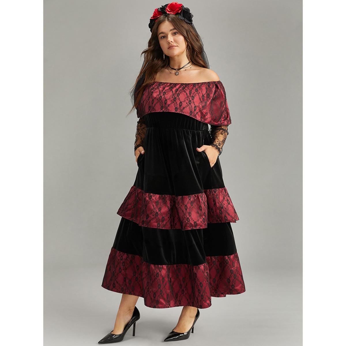 Plus Size Off Shoulder Lace Insert Mesh Layered Dress Black Women Elegant See through One-shoulder neck Long Sleeve Curvy Midi Dress BloomChic 18-20/2X Product Image