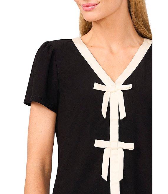 CeCe Woven V-Neck Short Sleeve Bow Blouse Product Image