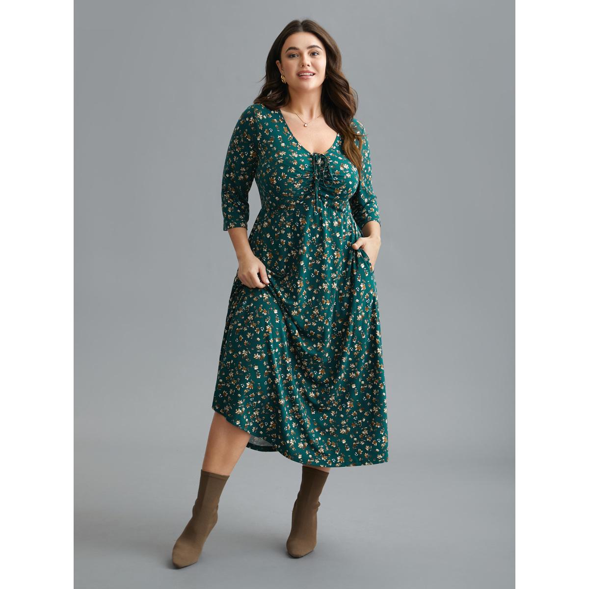Plus Size Ditsy Floral Chest Drawstring Midi Dress DarkGreen Women Elegant Drawstring Knit Dresses Bloomchic 30/6X Product Image