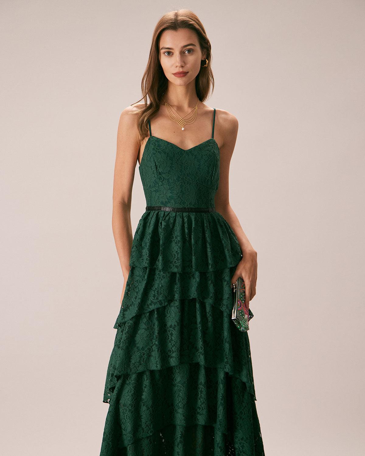 The Green Sweetheart Neck Lace Maxi Dress Product Image