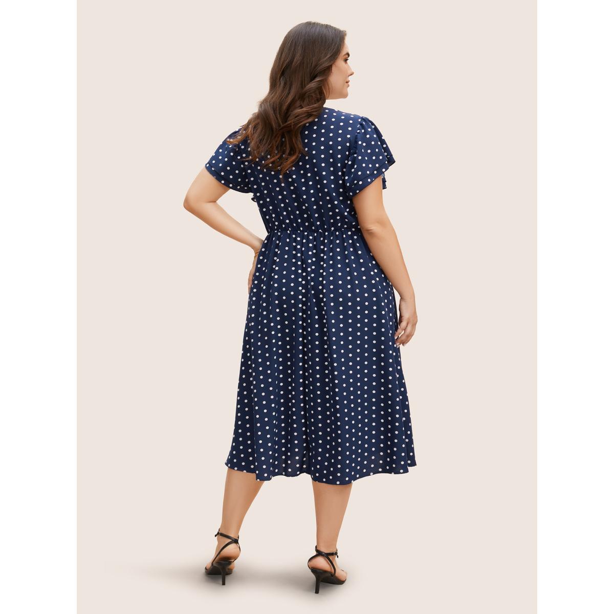 Plus Size Polka Dot Ruffle Cap Sleeve Button Detail Dress Navy Women Elegant Gathered V-neck Cap Sleeve Curvy BloomChic 28/5X Product Image