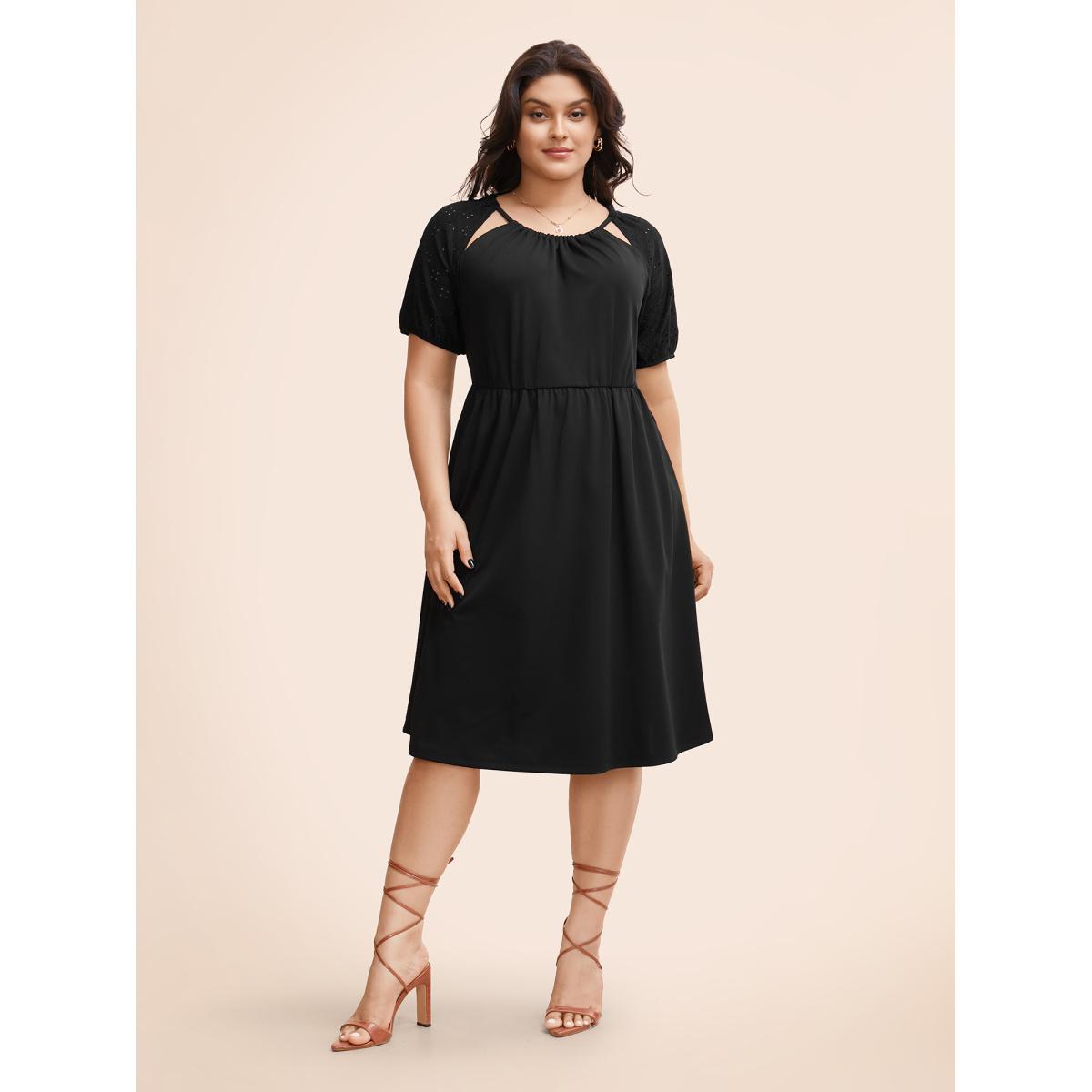 Plus Size Solid Cut Out Gathered Puff Sleeve Dress Black Women Elegant Texture Round Neck Short sleeve Curvy BloomChic 22-24/3X Product Image