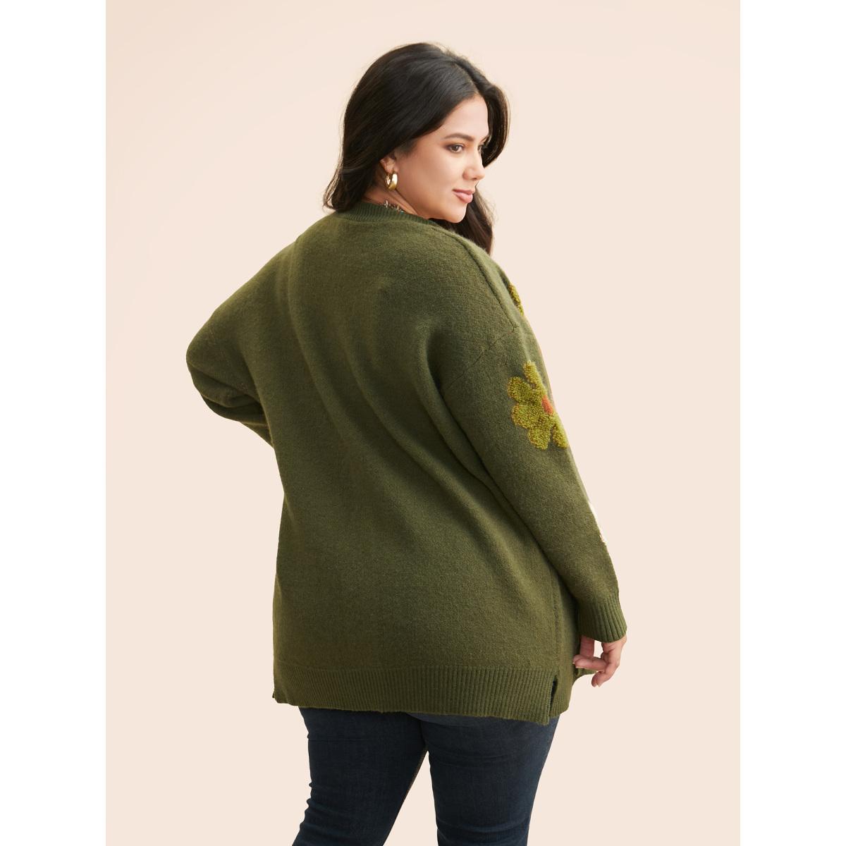 Plus Size Floral Texture Slit Hem Patch Pocket Cardigan ArmyGreen Women Casual Loose Long Sleeve Everyday Cardigans BloomChic 18-20/2X Product Image
