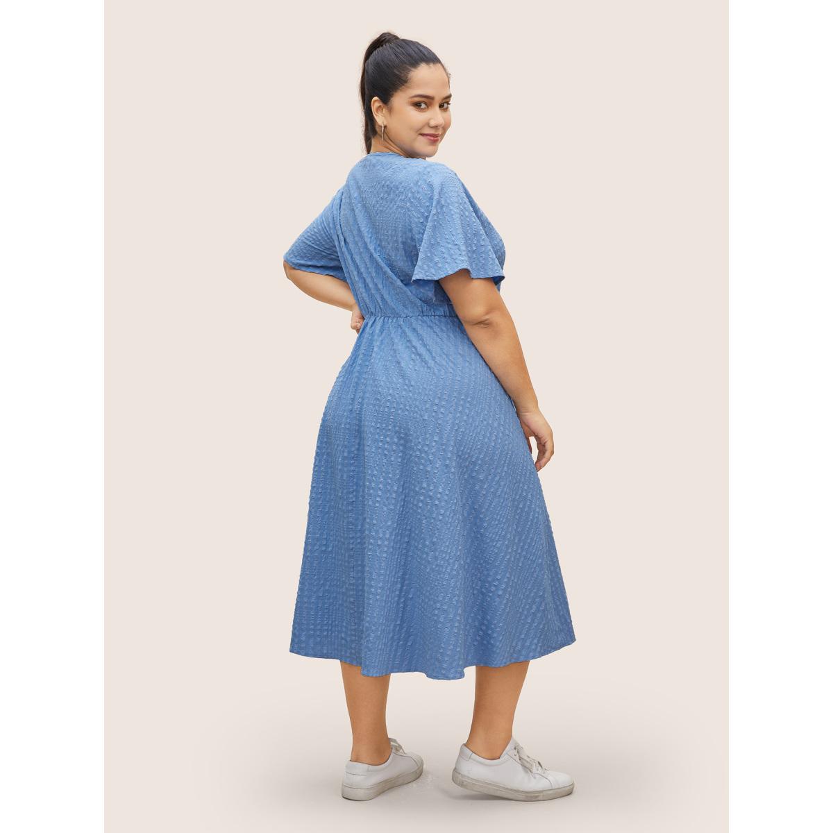 Plus Size Solid Textured Jacquard Pocket Dress Cerulean Women Casual Texture V-neck Short sleeve Curvy BloomChic 22-24/3X Product Image