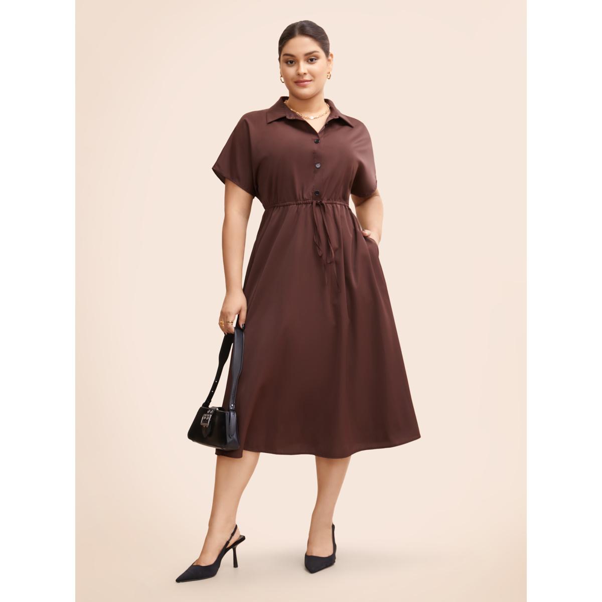 Plus Size Shirt Collar Batwing Sleeve Drawstring Dress Browncoffeecolor Women At the Office Drawstring Shirt collar Short sleeve Curvy BloomChic 18-20/2X Product Image