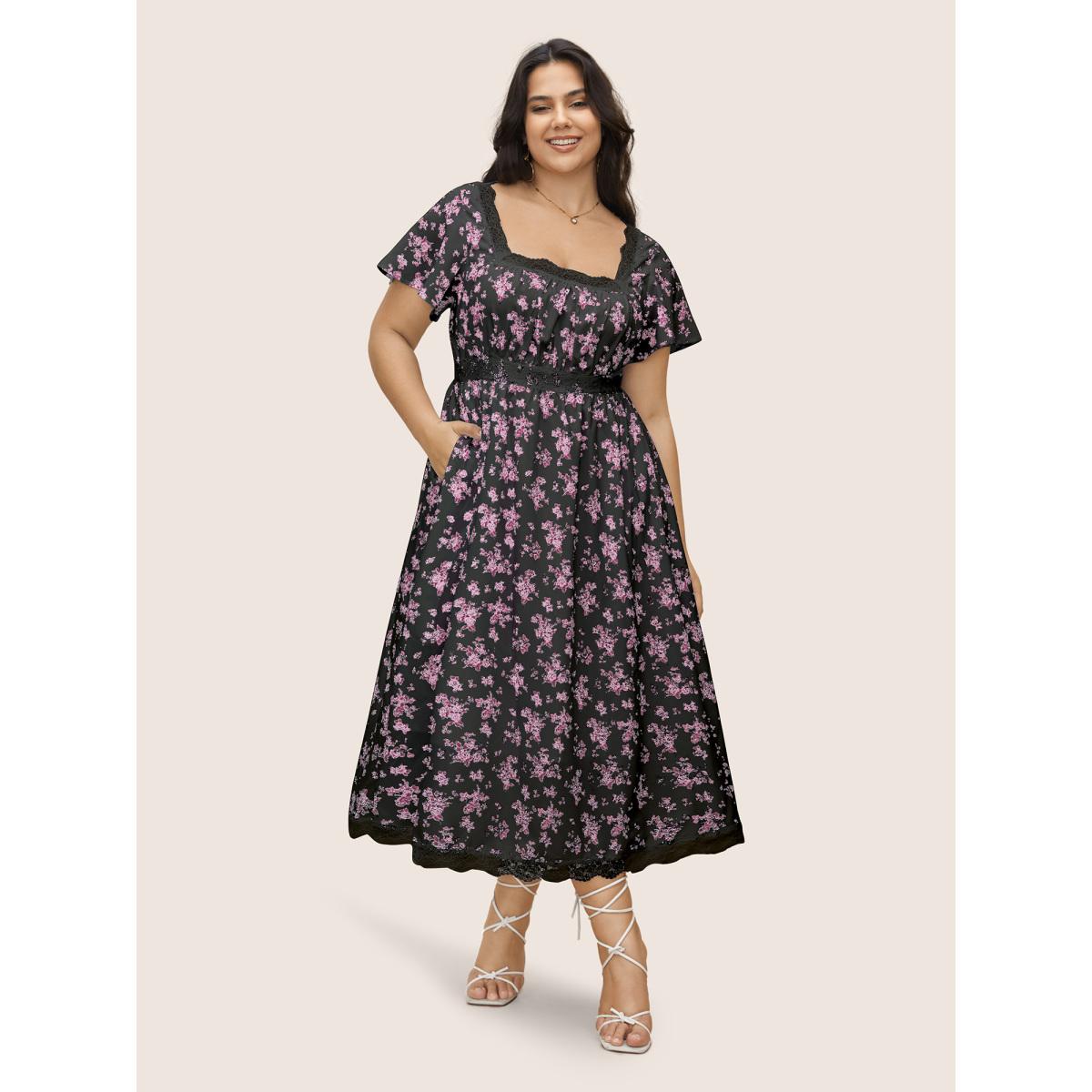 Plus Size Square Neck Lace Panel Pocket Dress Black Women Elegant Woven ribbon&lace trim Square Neck Short sleeve Curvy BloomChic 26/4X Product Image