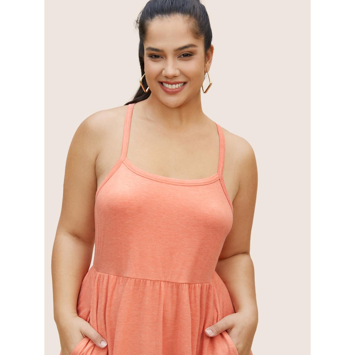 Plus Size Plain Gathered Elastic Waist Midi Cami Dress Coral Women Casual Gathered Non Sleeveless Curvy BloomChic 26/4X Product Image