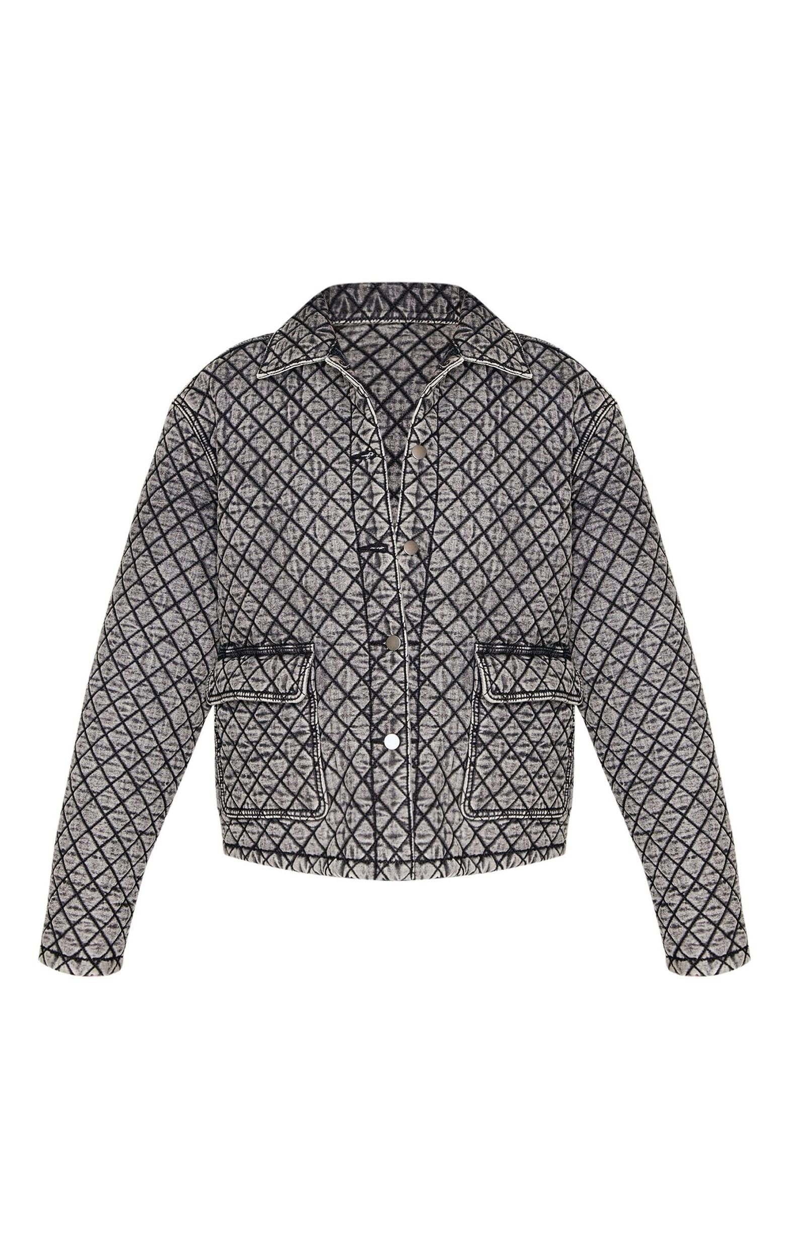 Grey Quilted Effect Pocket Detail Denim Coat Product Image