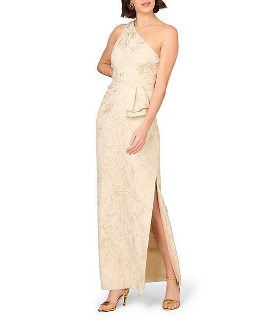 Aidan Mattox One Shoulder Bow Waist Stretch Jacquard Column Gown Product Image