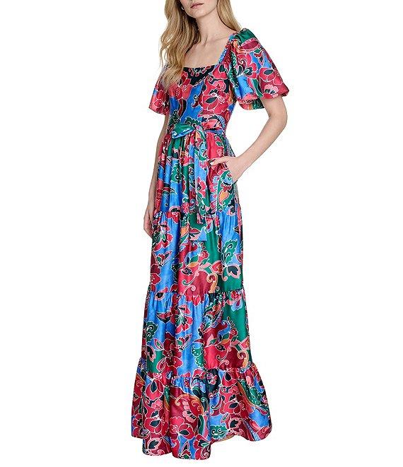 Eliza J Square Neck Short Puffed Sleeve Crepe Satin A-Line Tiered Maxi Dress Product Image